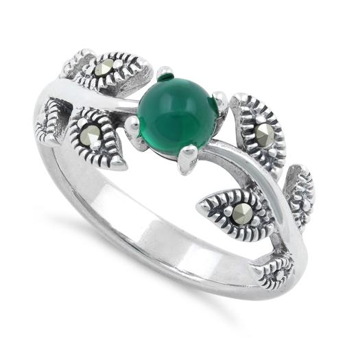 Sterling Silver Round Green Agate Leaves Marcasite Ring