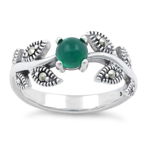 Sterling Silver Round Green Agate Leaves Marcasite Ring