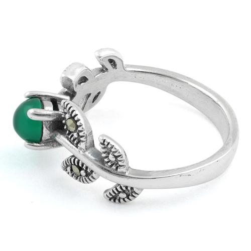 Sterling Silver Round Green Agate Leaves Marcasite Ring