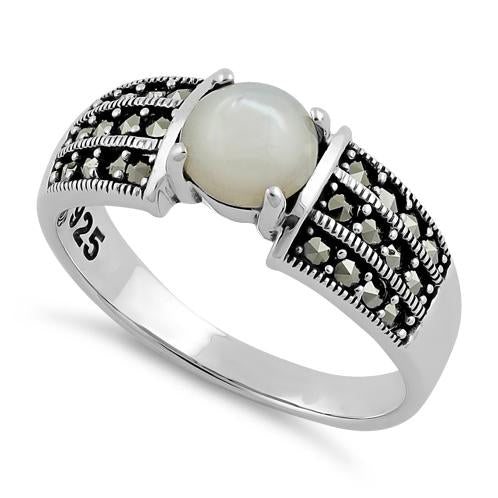 Sterling Silver Round Mother of Pearl Marcasite Ring