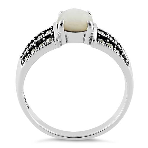 Sterling Silver Round Mother of Pearl Marcasite Ring
