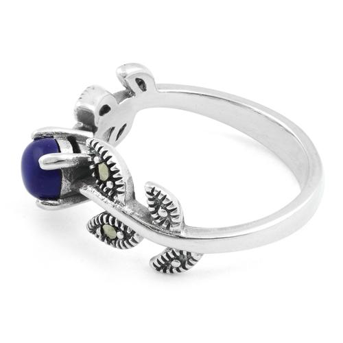 Sterling Silver Round Blue Lapis Leaves Marcasite Ring