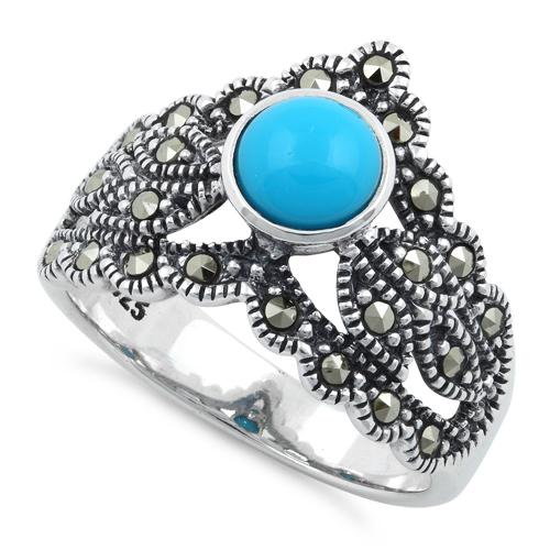 Sterling Silver Round Simulated Turquoise Tiara Marcasite Ring