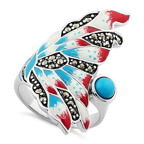 Sterling Silver Simulated Turquoise Enamel Angel Fish Design Marcasite Ring