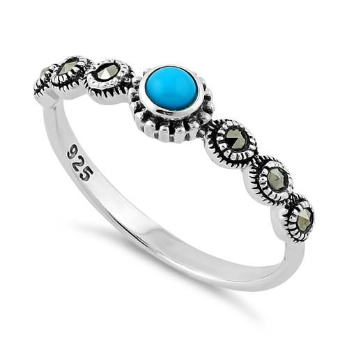Sterling Silver Small Round Simulated Turquoise Marcasite Ring