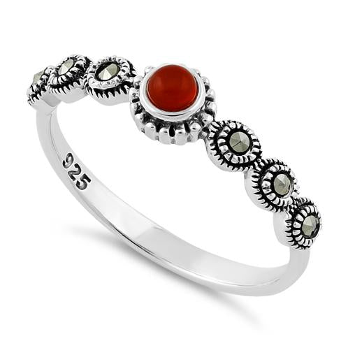 Sterling Silver Small Round Red Marcasite Ring