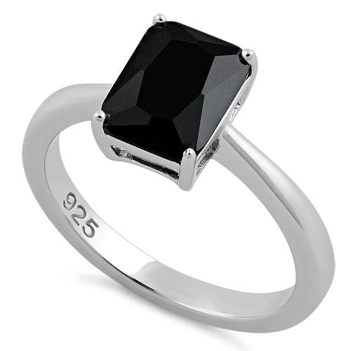 Sterling Silver Solitaire Emerald Cut Black CZ Ring