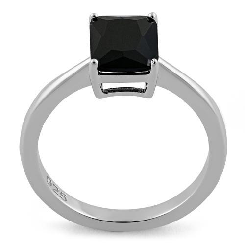 Sterling Silver Solitaire Emerald Cut Black CZ Ring