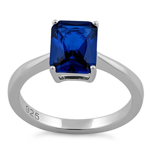 Sterling Silver Solitaire Emerald Cut Blue Spinel CZ Ring