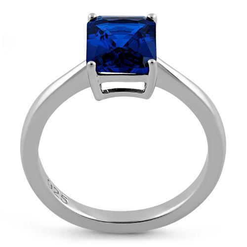 Sterling Silver Solitaire Emerald Cut Blue Spinel CZ Ring