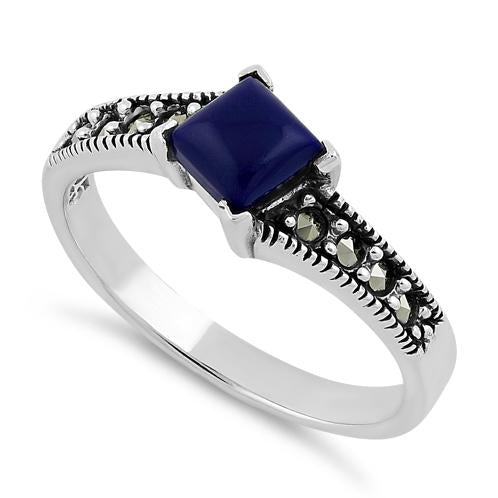 Sterling Silver Square Blue Lapis Marcasite Ring