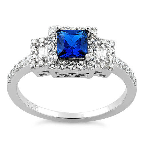 Sterling Silver Square Blue Sapphire CZ Ring