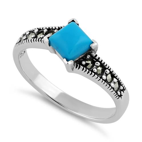 Sterling Silver Square Simulated Turquoise Marcasite Ring