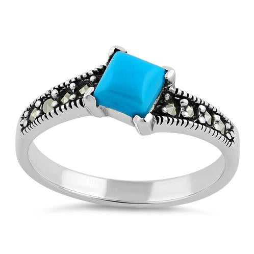 Sterling Silver Square Simulated Turquoise Marcasite Ring