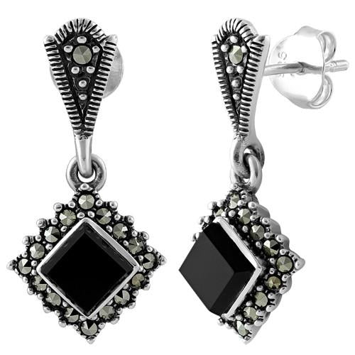 Sterling Silver Square Drop Black Onyx Marcasite Earrings