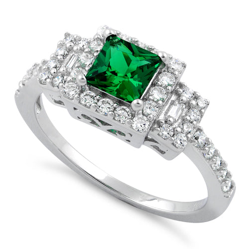 Sterling Silver Square Emerald CZ Cushion Ring