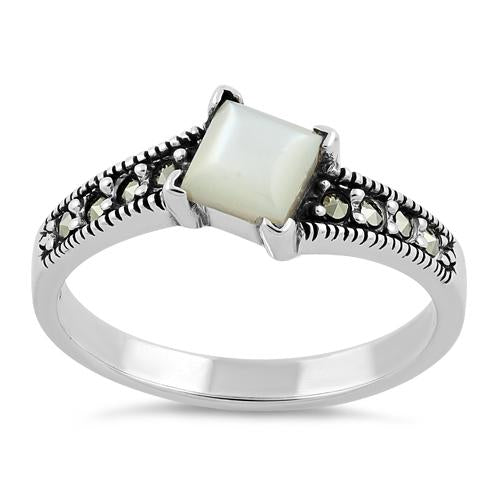 Sterling Silver Square Mother of Pearl Marcasite Ring