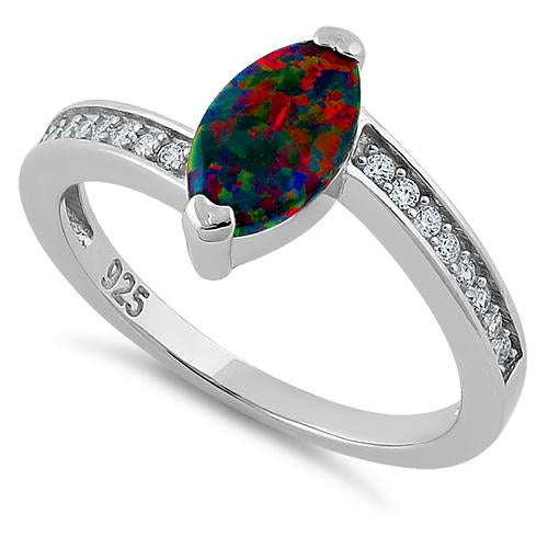 Sterling Silver Stylish Black Lab Opal Marquise Cut & Clear CZ Ring