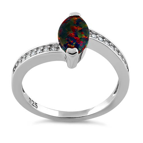 Sterling Silver Stylish Black Lab Opal Marquise Cut & Clear CZ Ring