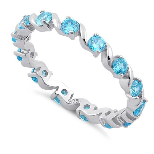 Sterling Silver Swirl Aqua Blue Eternity CZ Ring