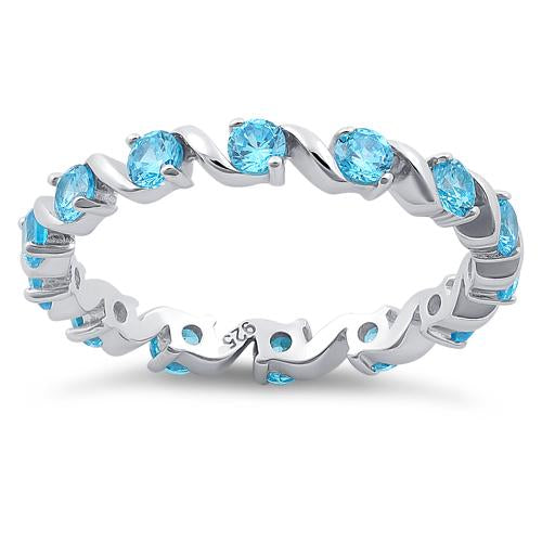 Sterling Silver Swirl Aqua Blue Eternity CZ Ring