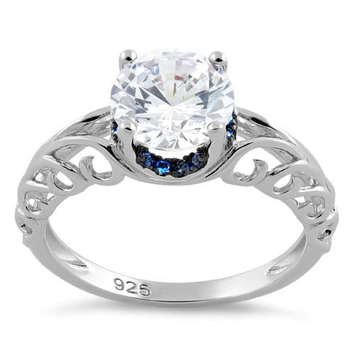 Sterling Silver Swirl Design Clear and Blue CZ Ring