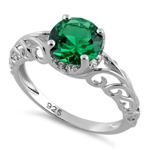 Sterling Silver Swirl Design Emerald and Clear CZ Ring