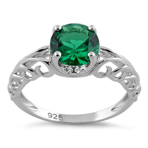 Sterling Silver Swirl Design Emerald and Clear CZ Ring
