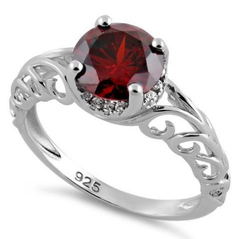 Sterling Silver Swirl Design Garnet and Clear CZ Ring