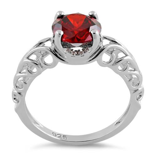 Sterling Silver Swirl Design Garnet and Clear CZ Ring