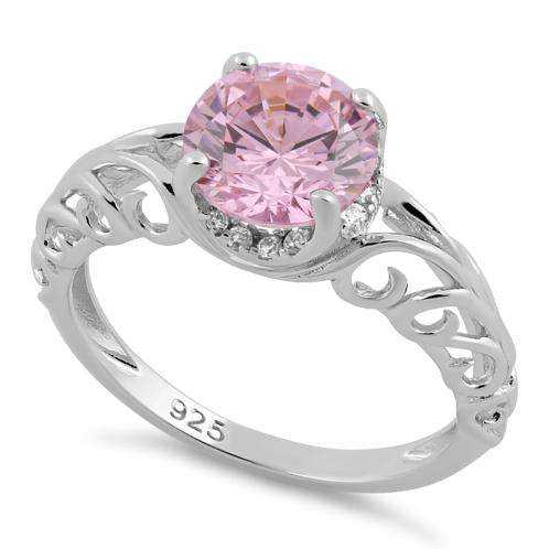 Sterling Silver Swirl Design Pink and Clear CZ Ring