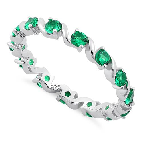 Sterling Silver Swirl Emerald  Eternity CZ Ring