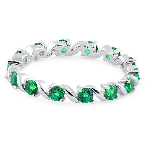 Sterling Silver Swirl Emerald  Eternity CZ Ring