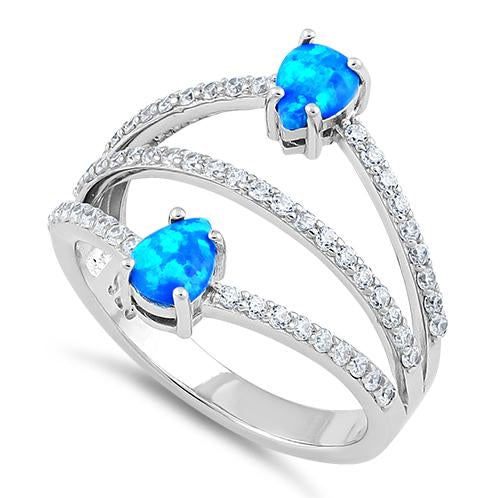 Sterling Silver Three Line Pear Blue Lab Opal Ring