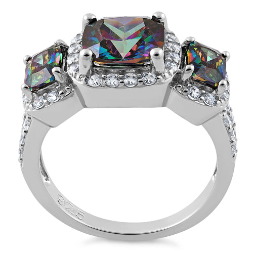 Sterling Silver Three Stone Halo Rainbow CZ Ring