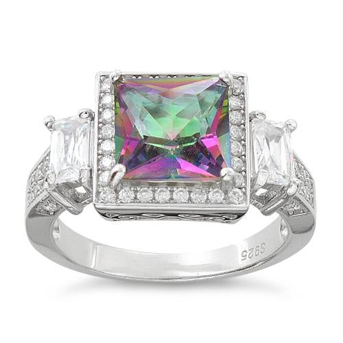 Sterling Silver Three Stone Rainbow Topaz Square CZ Ring