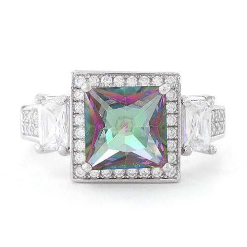 Sterling Silver Three Stone Rainbow Topaz Square CZ Ring