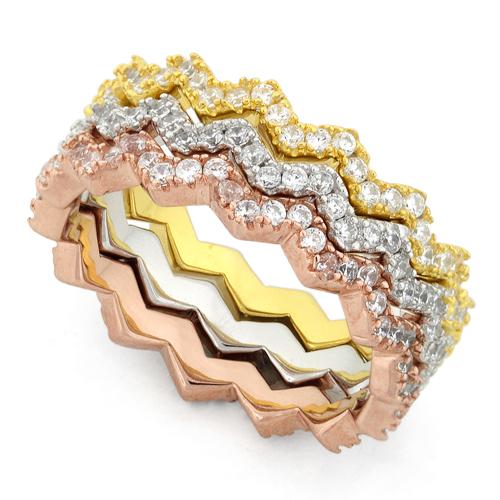Sterling Silver Tri-Color Zig Zag Stackable CZ Ring