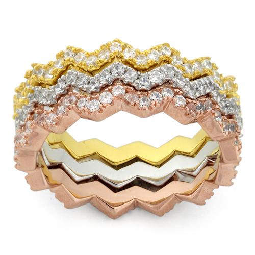 Sterling Silver Tri-Color Zig Zag Stackable CZ Ring