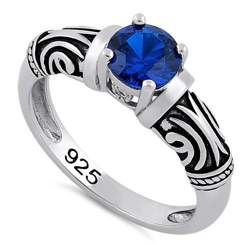 Sterling Silver Tribal Round Cut Blue Spinel CZ Ring