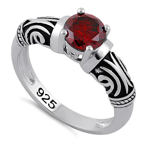 Sterling Silver Tribal Round Cut Garnet CZ Ring