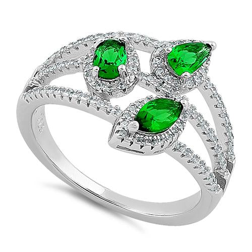 Sterling Silver Trinity Marquise & Round Cut Clear & Emerald CZ Ring