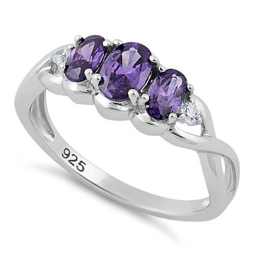 Sterling Silver Triple Oval Amethyst CZ Ring