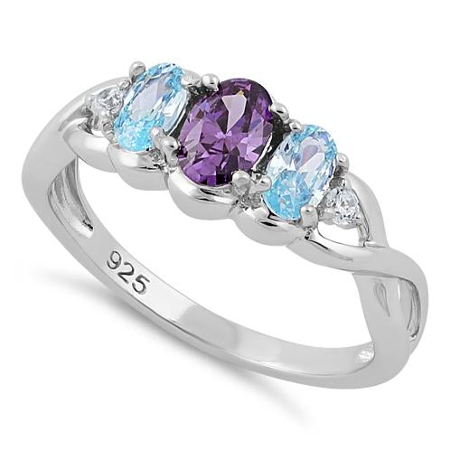 Sterling Silver Triple Oval Aqua Marine Amethyst CZ Ring