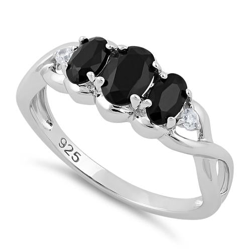 Sterling Silver Triple Oval Black CZ Ring