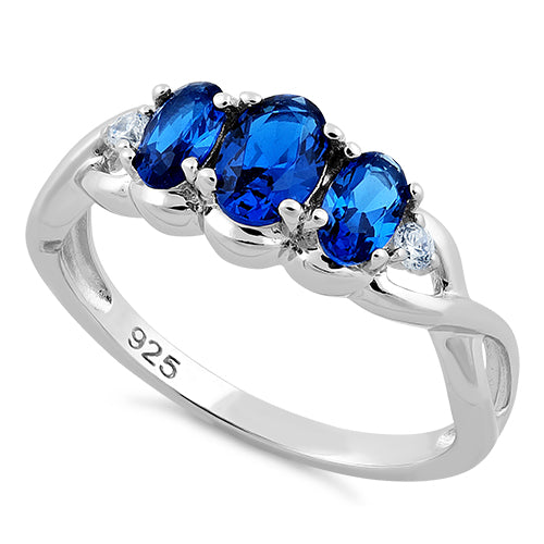 Sterling Silver Triple Oval Blue Sapphire CZ Ring