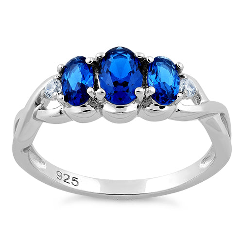 Sterling Silver Triple Oval Blue Sapphire CZ Ring