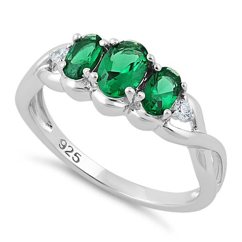 Sterling Silver Triple Oval Emerald CZ Ring