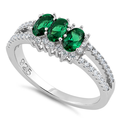 Sterling Silver Triple Oval Emerald CZ Ring