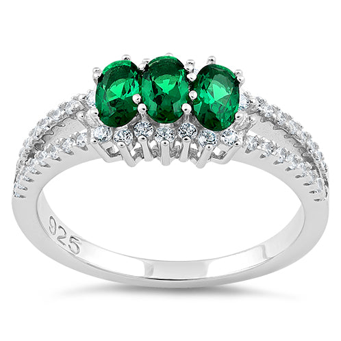 Sterling Silver Triple Oval Emerald CZ Ring